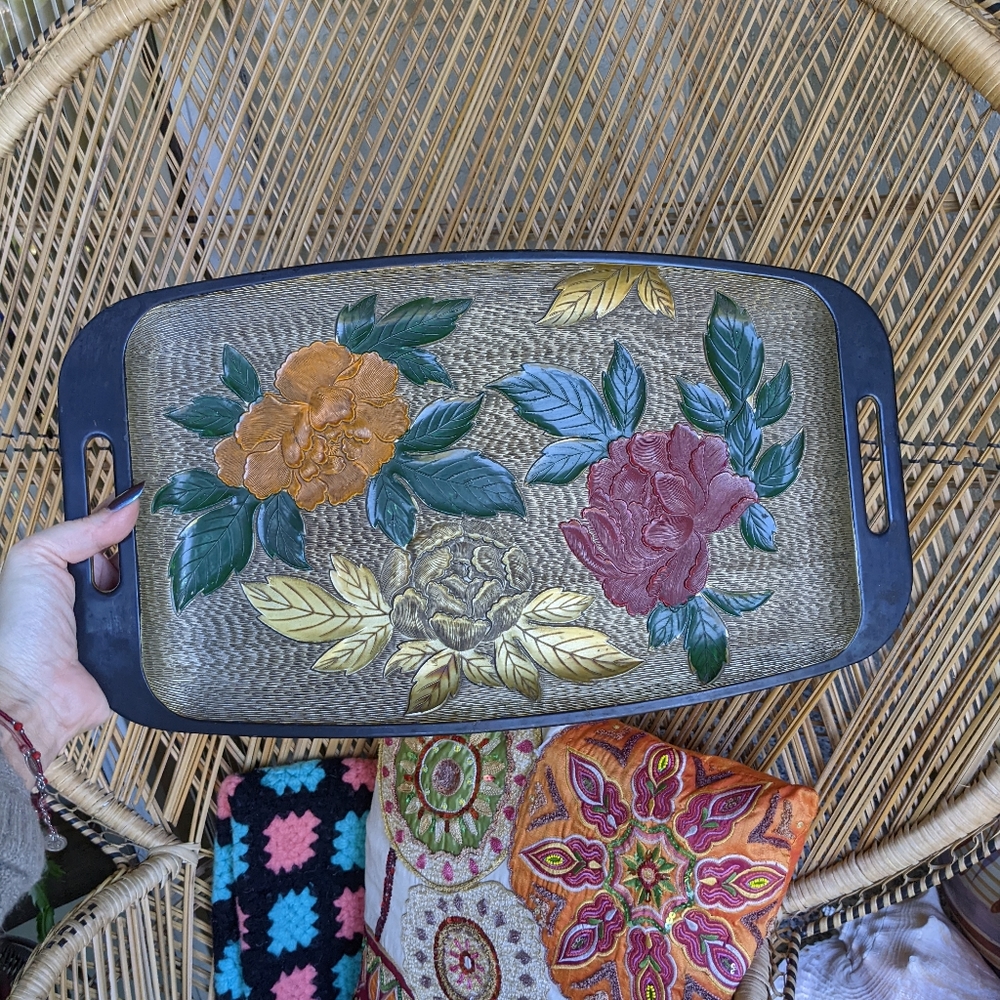 Vintage 70s Floral Bohemian Tray Hippie Eclectic Home Decor - Picture 4 of 16